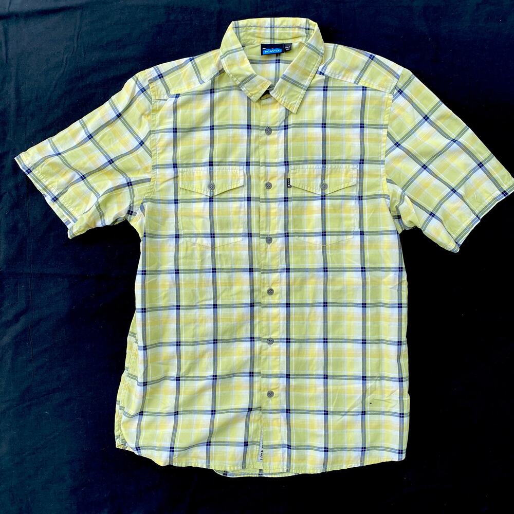Kavu Men's M Green, Yellow & White Plaid BF SS Cotton/Poly Shirt Super Nice